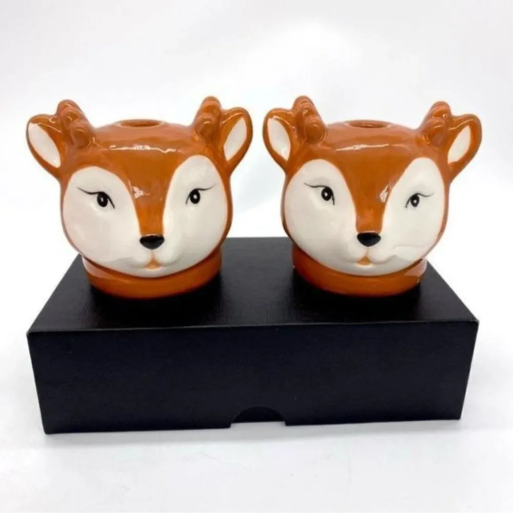 Nostalgic Vintage Inspired Retro Ceramic Reindeer Tiny Taper Candle Holders